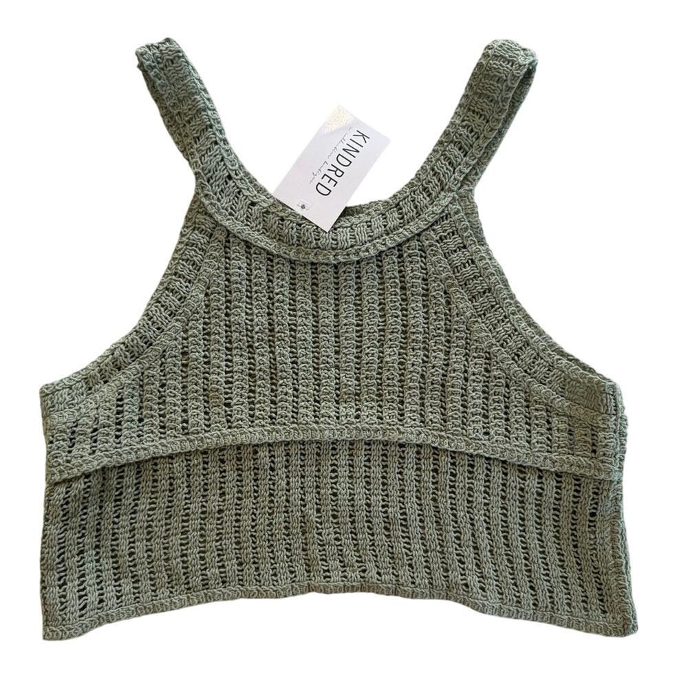 Kindred Boutique Timing Knit Tank Top Cropped Size Medium L Green Olive NWT